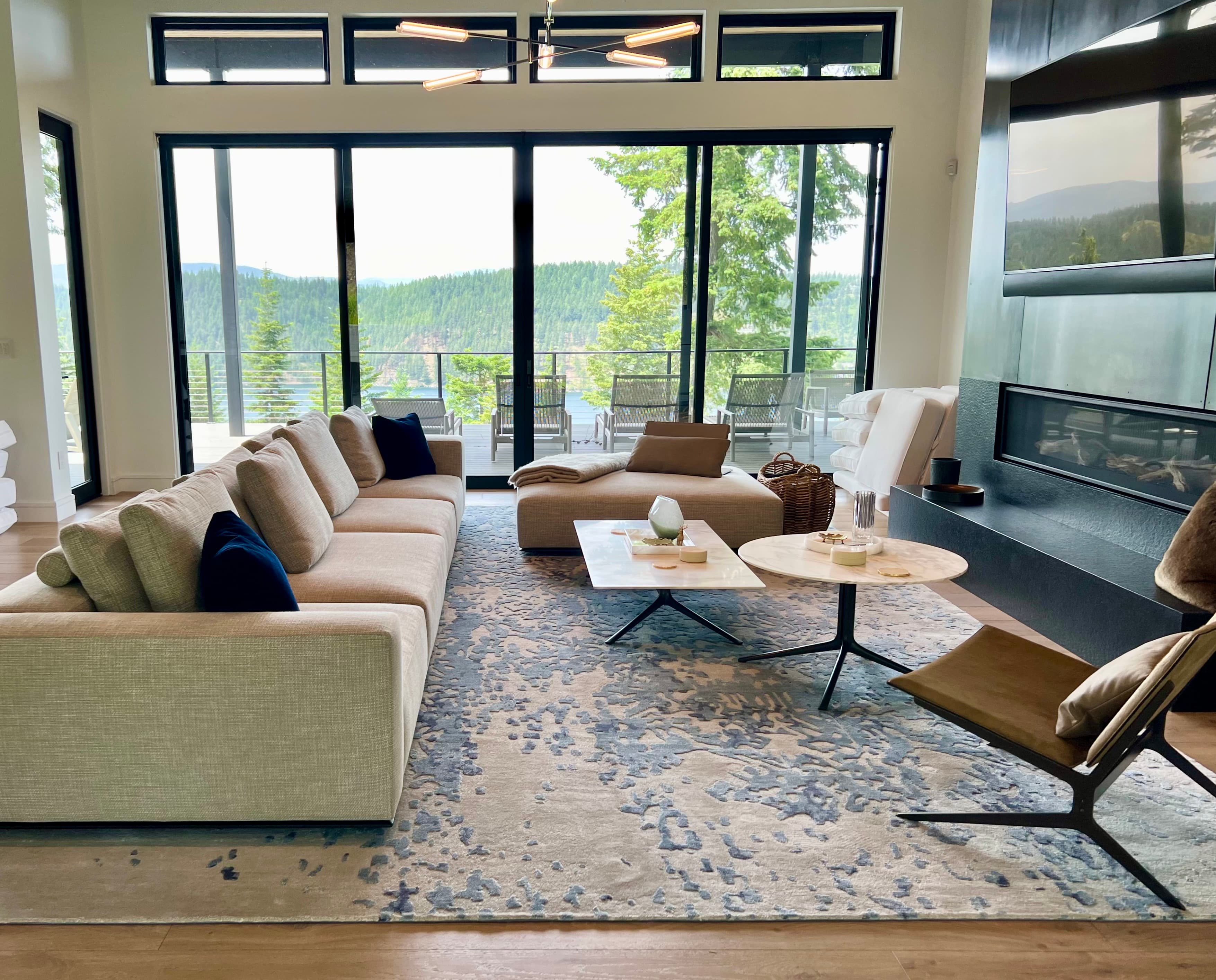 Mountain retreat living room with contemporary rug by Aja Rugs